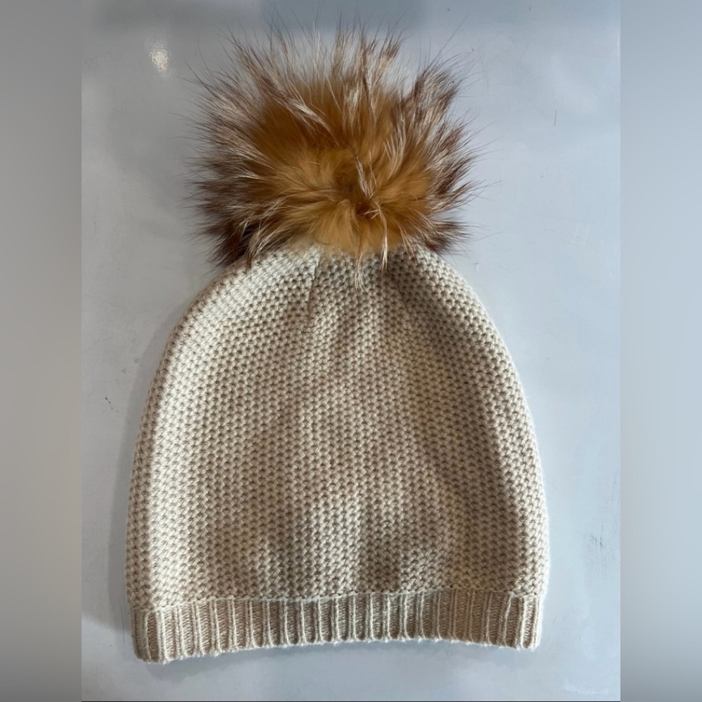 PORTOLANO 100% Cashmere Hat w/Real Silver Fox Pom